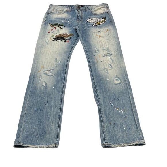 Akoo Jeans Men 36 No Rivals Distressed Patches Paint Splatter Hip Hop Streetwear - Picture 5 of 14